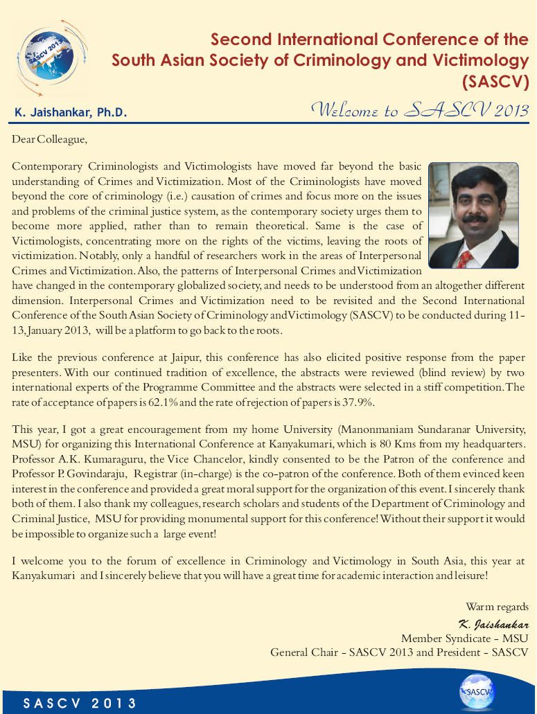 President's message, souvenir of the Second International Conference, Kanyakumari, 2013